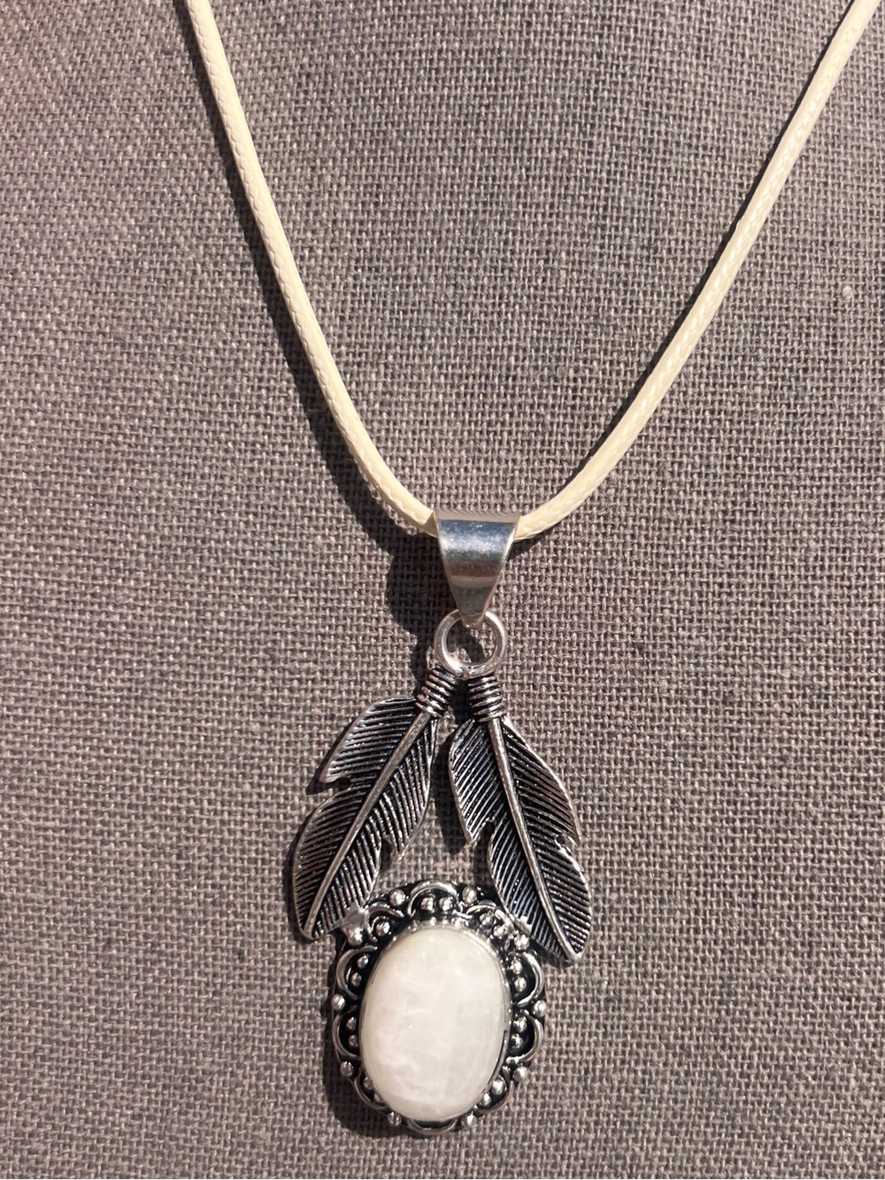 Natural Moonstone Feather Pendant Necklace in Sterling Silver native healing